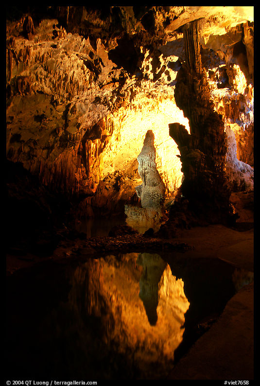 Cave formations reflected in a pond, lower cave, Phong Nha Cave. Vietnam