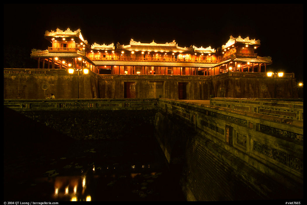 Ngo Mon (noon) Gate illuminated at night. Hue, Vietnam