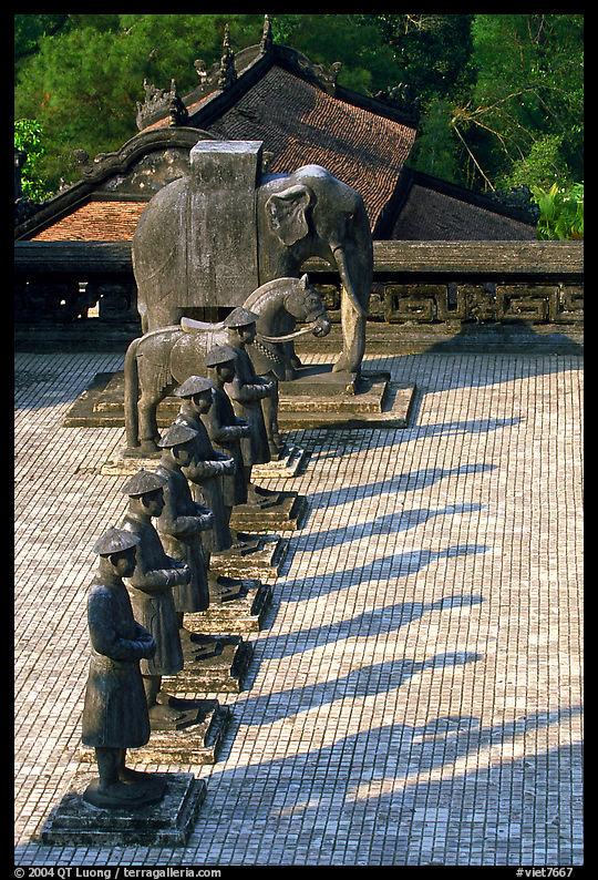 Row of statues and in Khai Dinh Mausoleum. Hue, Vietnam