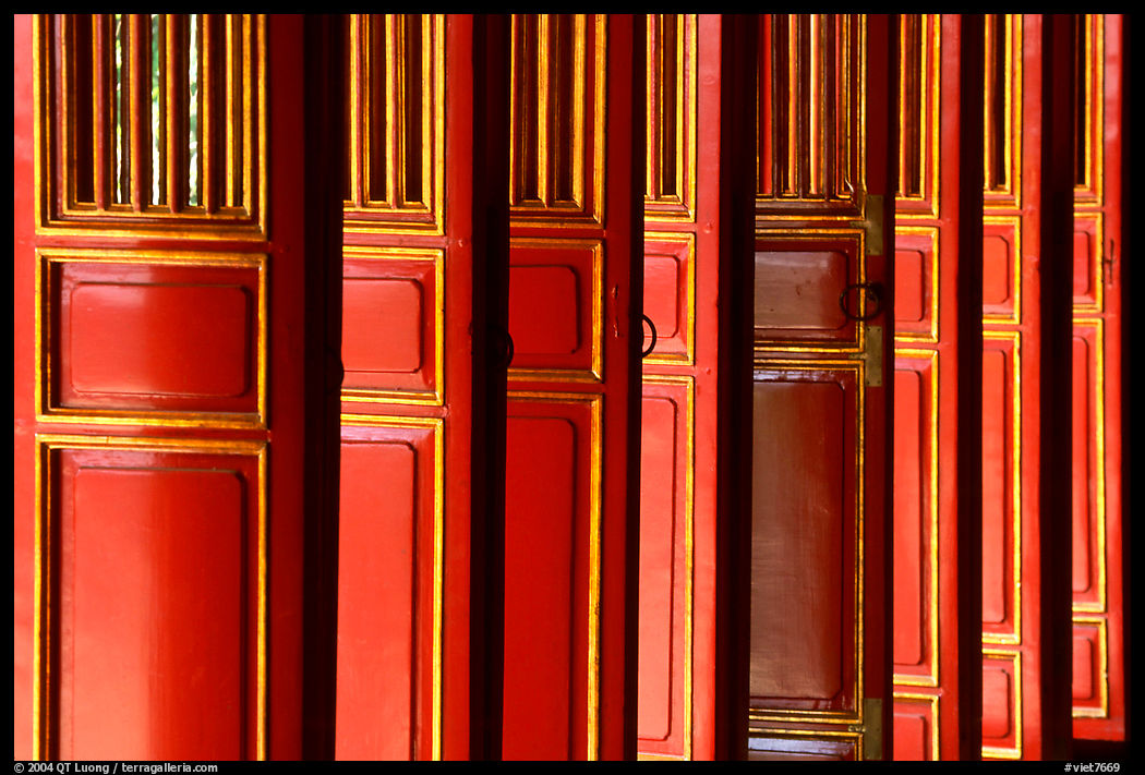 Red doors of the shrine inside the Minh Mang Mausoleum. Hue, Vietnam