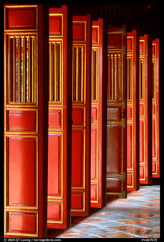 Red doors of the temple inside the Minh Mang Mausoleum. Hue, Vietnam