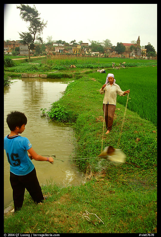 Field irrigation with a swinging bucket. Vietnam