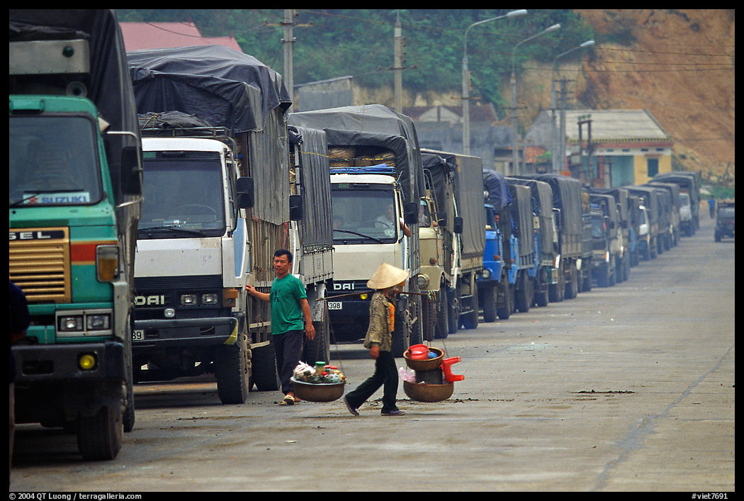 Trucks waiting to cross the border into China at Dong Dang. Lang Son, Northest Vietnam