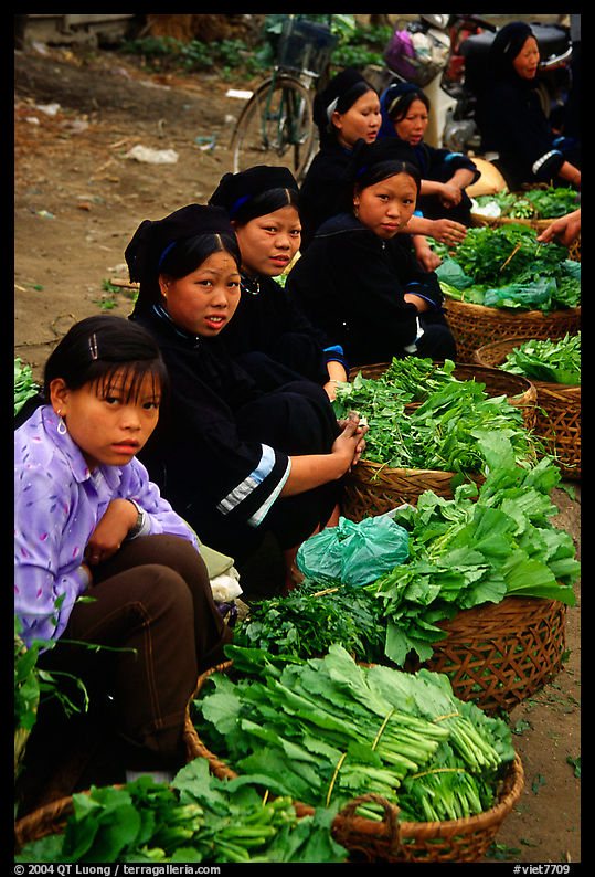 Women of the Nung hill tribe sell vegetables at the Cao Bang market. Northeast Vietnam