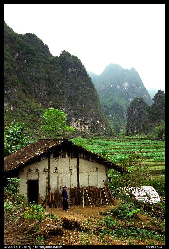 Rural home, terraced cultures, and karstic peaks, Ma Phuoc Pass area. Northeast Vietnam