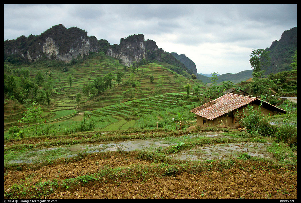 Fields, homes, and peaks, Ma Phuoc Pass area. Northeast Vietnam