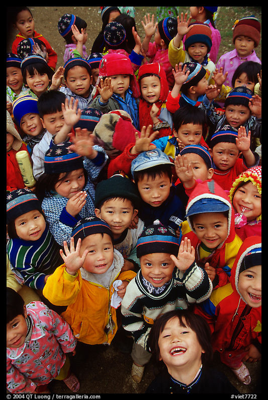 Schoolchildren dressed for the cool mountain weather. Northeast Vietnam