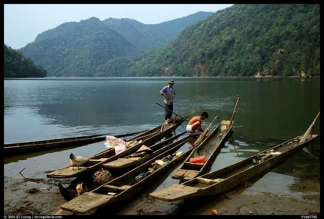 Dugout boats on the shore of Ba Be Lake. Northeast Vietnam