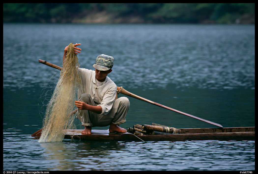 Fisherman retrieves net from a dugout boat. Northeast Vietnam