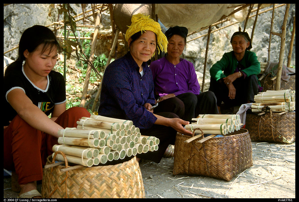 Women selling sweet rice cooked in bamboo tubes. Vietnam