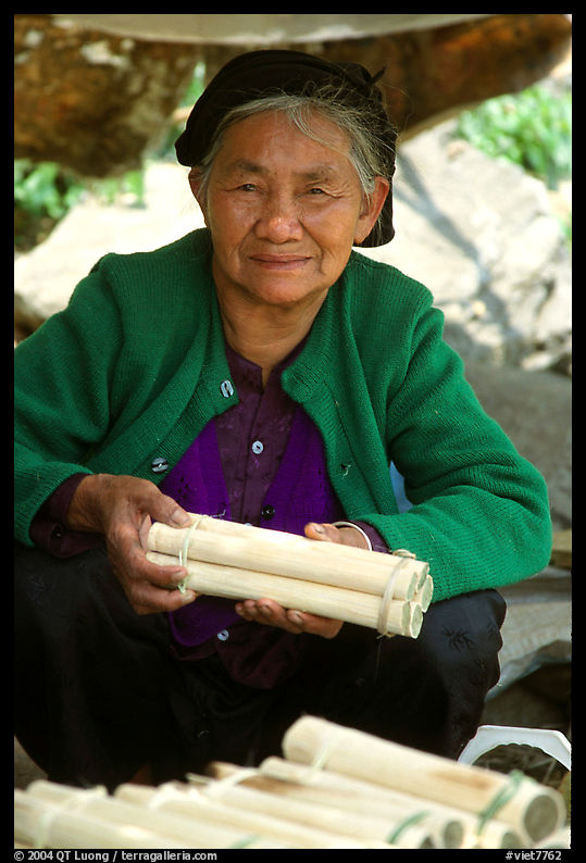 Woman selling sweet rice cooked in bamboo tubes. Vietnam