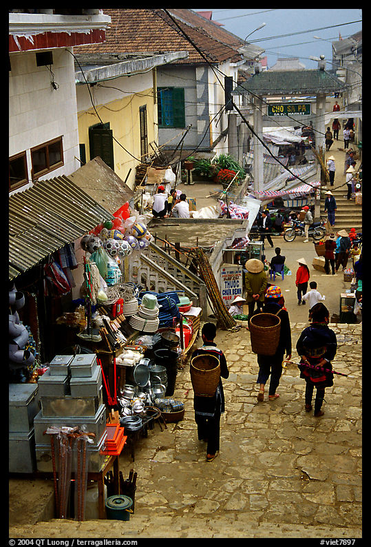 Black Hmong people in the steep streets of Sapa. Sapa, Vietnam