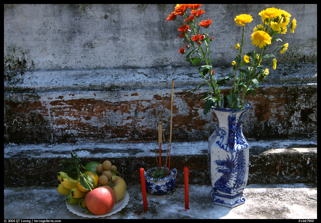 Flowers, fruit, and incense offered on a grave. Mekong Delta region, Vietnam