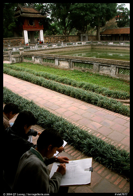 Art students drawing in the Temple of the Litterature. Hanoi, Vietnam