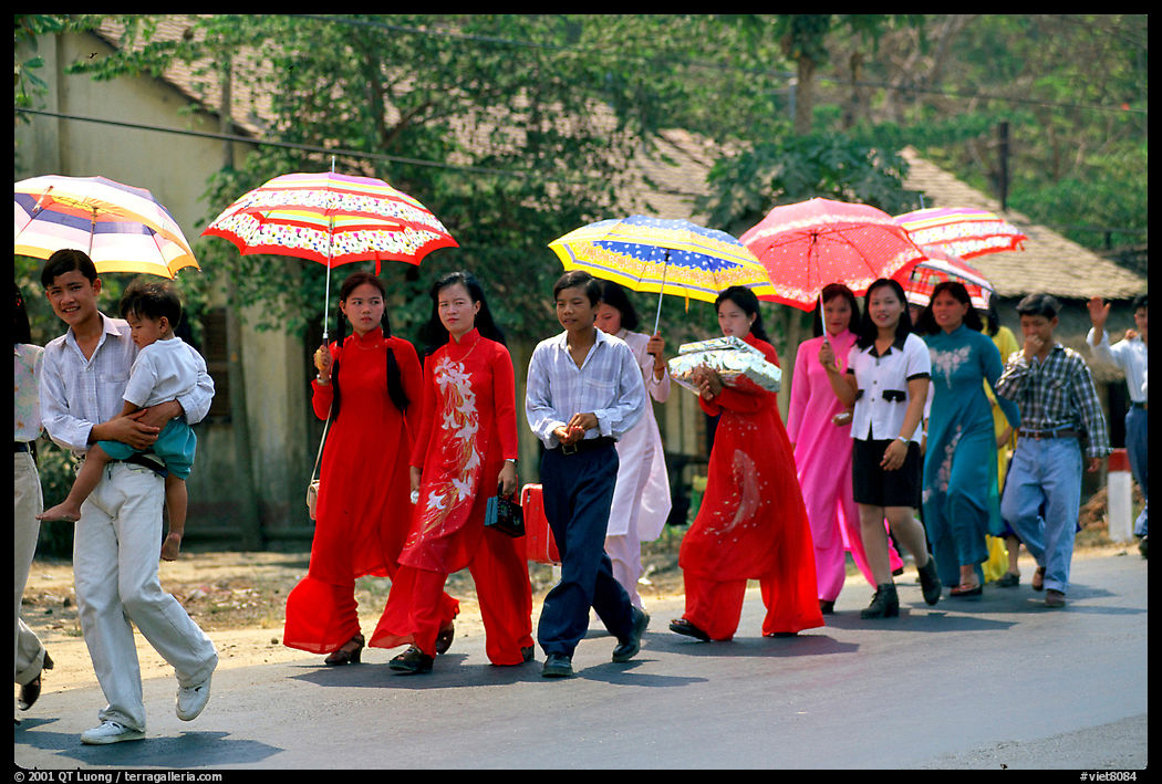 Traditional wedding procession on a countryside road. Mekong Delta region, Vietnam