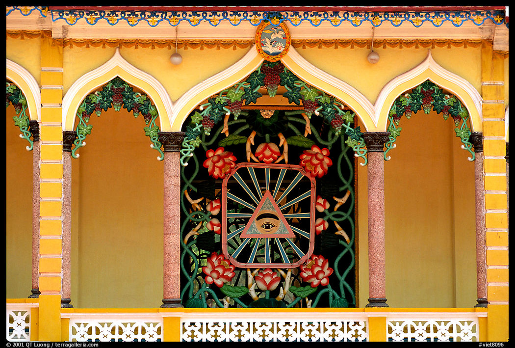 The Cao Dai religion is followed by two million members in the Delta region. The Cao Dai eye, detail of the great temple. Tay Ninh, Vietnam