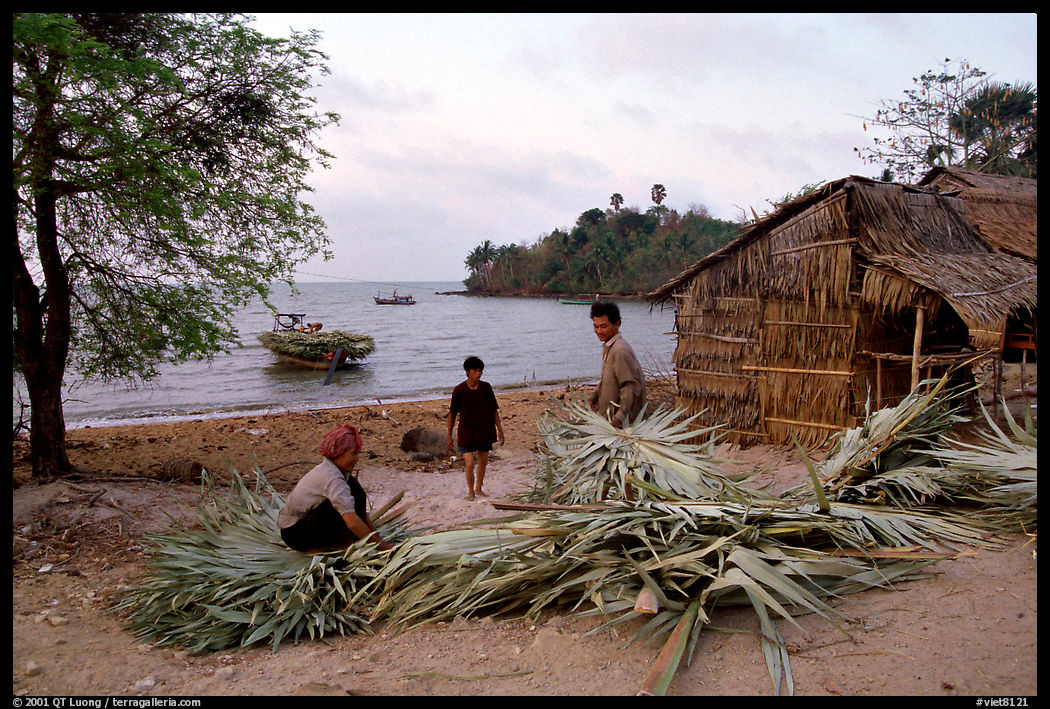 Fishing village with huts made of banana leaves. Hong Chong Peninsula, Vietnam