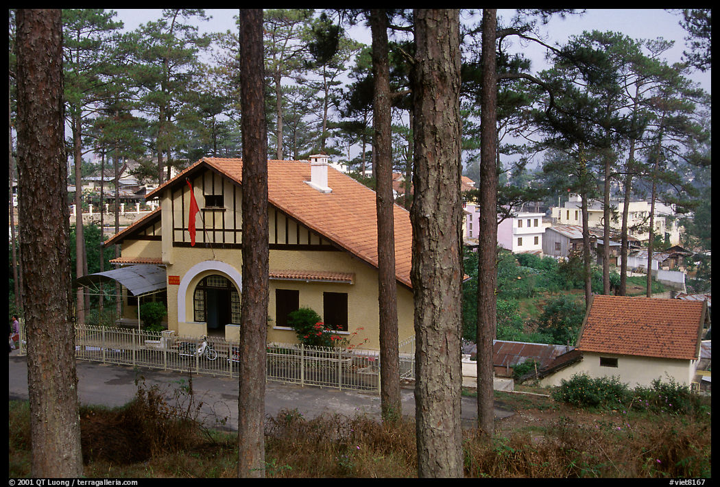 Basque style villa of colonial period in the pine-covered hills. Da Lat, Vietnam