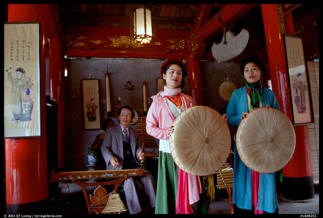 Traditional music players in the Temple of Literature. Hanoi, Vietnam