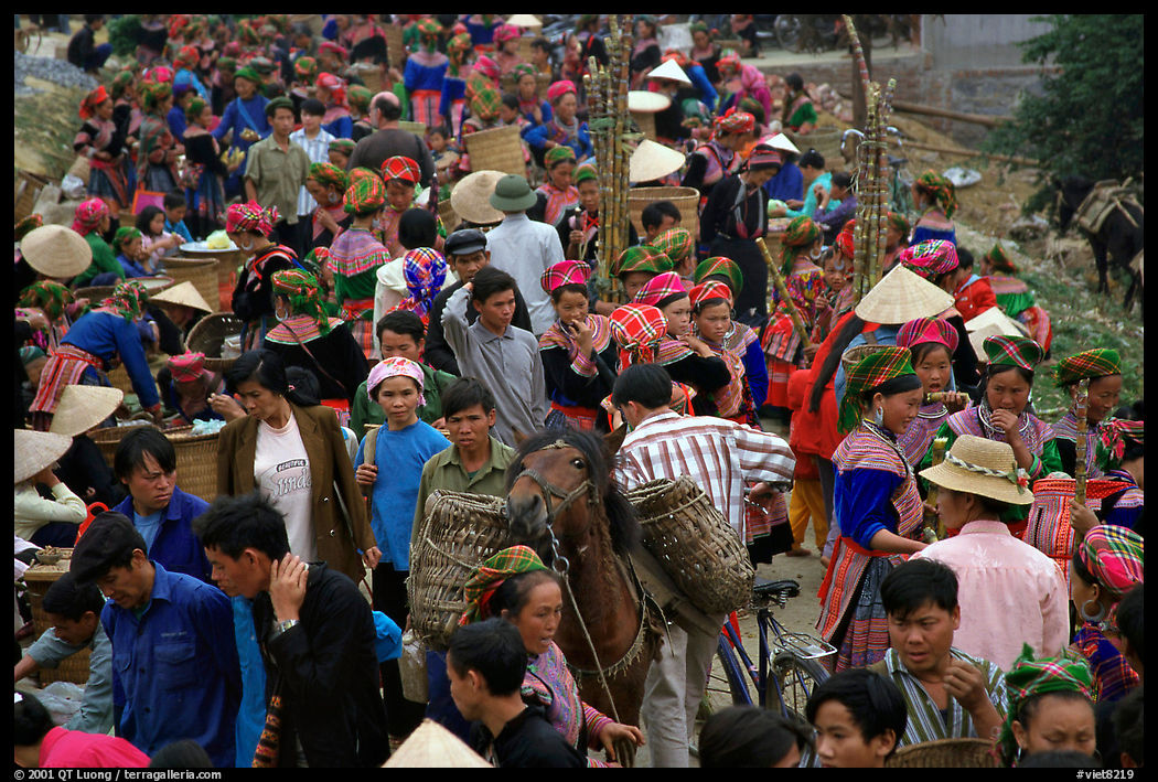 Colorful crowd at the sunday market, where people from the surrounding hamlets gather weekly to meet, shop and eat. Bac Ha, Vietnam