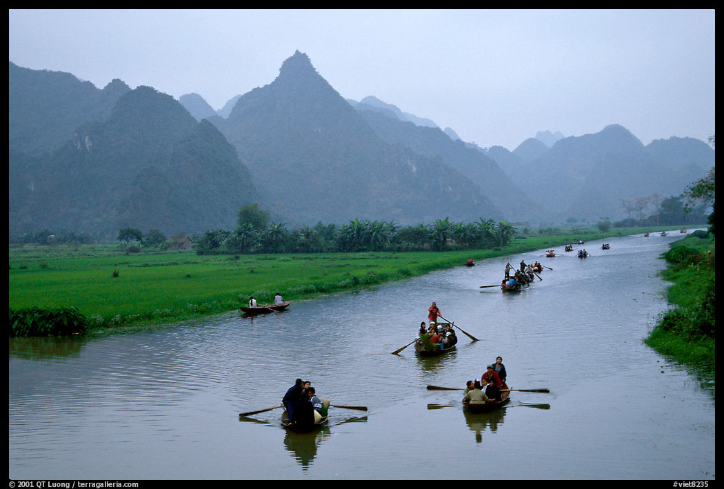 Journey along the river during the festival. Perfume Pagoda near Hanoi, Vietnam