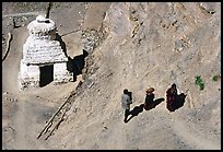 People ascending a trail past a chorten below Phuktal,  Zanskar, Jammu and Kashmir. India