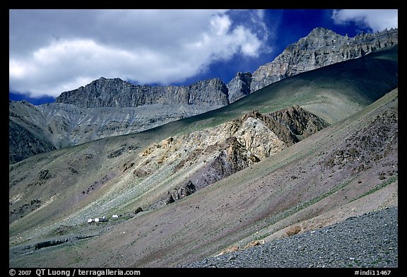 Houses lost in mineral landscape, Zanskar, Jammu and Kashmir. India