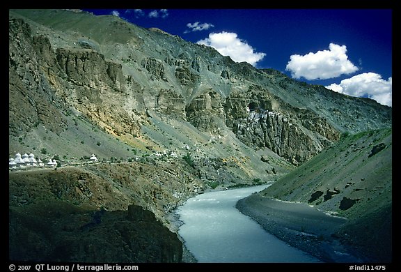 Tsarap River and Phugtal monastery, Zanskar, Jammu and Kashmir. India (color)
