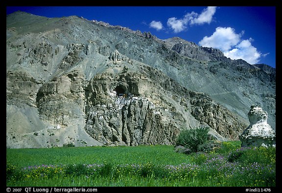 Cultivated fields, chorten, and Phuktal monastery, Zanskar, Jammu and Kashmir. India (color)