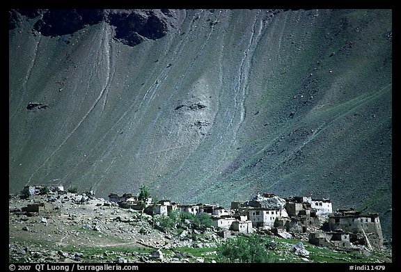 Village and scree slope, Zanskar, Jammu and Kashmir. India