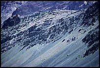 Rocky slopes topped by village and gompa, Zanskar, Jammu and Kashmir. India ( color)