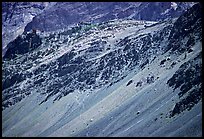 Rocky slopes topped by village and gompa, Zanskar, Jammu and Kashmir. India