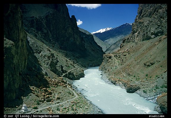 Chorten, trail,  and river valley, Zanskar, Jammu and Kashmir. India