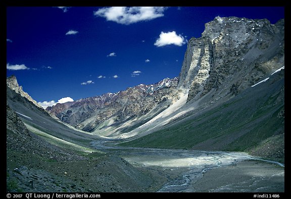 Zanskar Valley flanked by Gumburanjan monolith, Zanskar, Jammu and Kashmir. India (color)