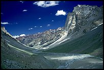 Zanskar Valley flanked by Gumburanjan monolith, Zanskar, Jammu and Kashmir. India (color)