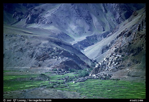 Cultivated fields, village, gompa, and barren mountains, Zanskar, Jammu and Kashmir. India (color)