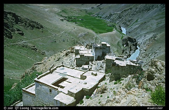 Terraced roofs of village above river valley, Zanskar, Jammu and Kashmir. India