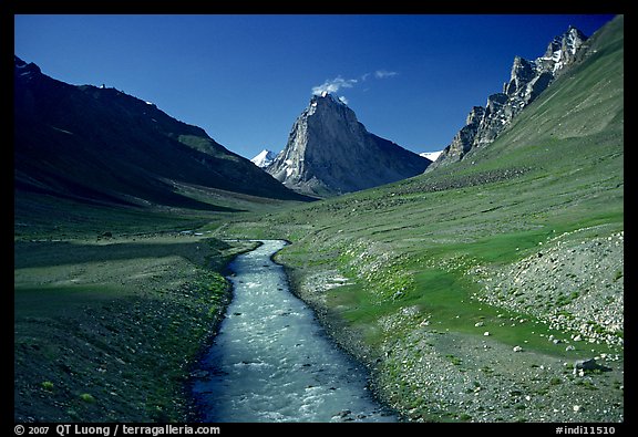 Zanskar River and  Gumburanjan monolith, Zanskar, Jammu and Kashmir. India (color)