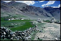 Stone fence, chortens, cultivations, and village, Zanskar, Jammu and Kashmir. India (color)