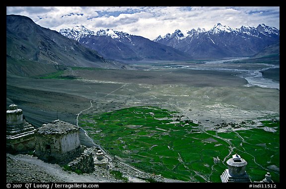 Chortens overlooking cultivations in the Padum plain, Zanskar, Jammu and Kashmir. India (color)