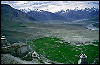Chortens overlooking cultivations in the Padum plain, Zanskar, Jammu and Kashmir. India (color)