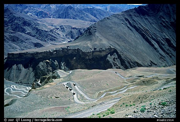 Hairpin turns on Khadung La pass, Ladakh, Jammu and Kashmir. India (color)