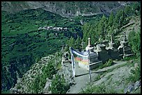 Prayer flag, chortens, and verdant valley below, Himachal Pradesh. India (color)