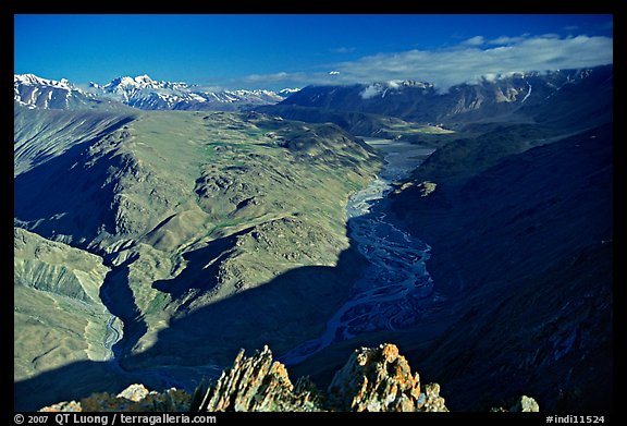 Braided river and mountain range seen from high pass, Himachal Pradesh. India (color)