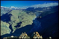 Braided river and mountain range seen from high pass, Himachal Pradesh. India (color)