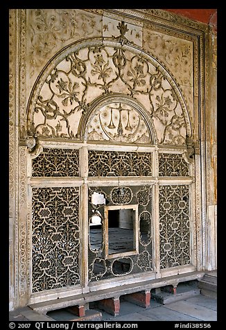 Marble door carved from a single slab with justice symbols, Diwan-i-Khas, Red Fort. New Delhi, India (color)