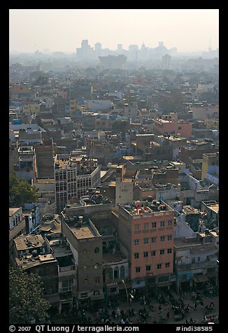 View of Old Delhi from above with high rise skyline in back. New Delhi, India