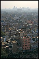 View of Old Delhi from above with high rise skyline in back. New Delhi, India (color)