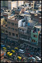 Street traffic and buildings from above, Old Delhi. New Delhi, India