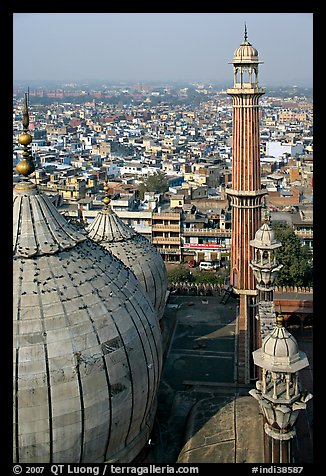 Domes and Minaret from above, Jama Masjid. New Delhi, India (color)